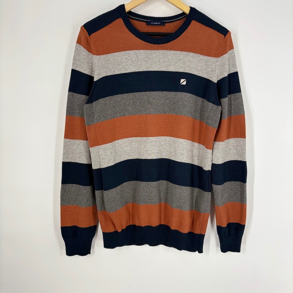 LC Waikiki Mens Striped Crewneck Sweater‎ Size S Orange Navy Grey Cotton Preppy